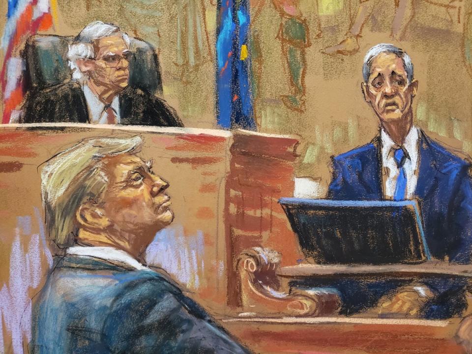 A courtroom sketch depicts Donald Trump watching testimony from  Eli Bartov, a New York University accounting professor, during his civil fraud trial on 7 December. (REUTERS/Jane Rosenberg)