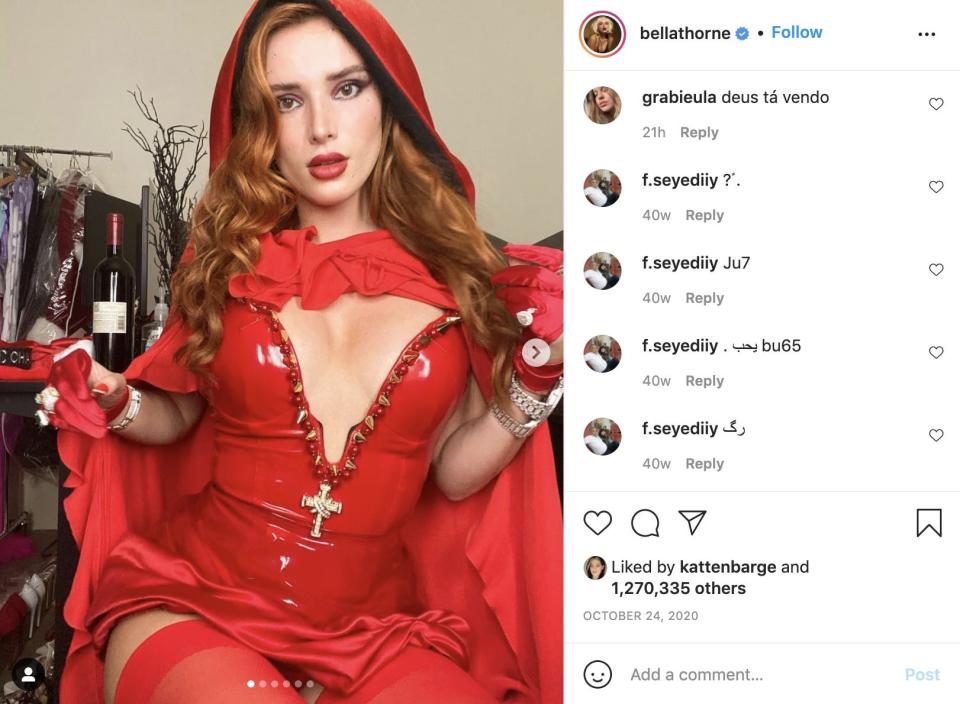 Bella Thorne dressed as Little Red Riding Hood for Halloween in 2020.