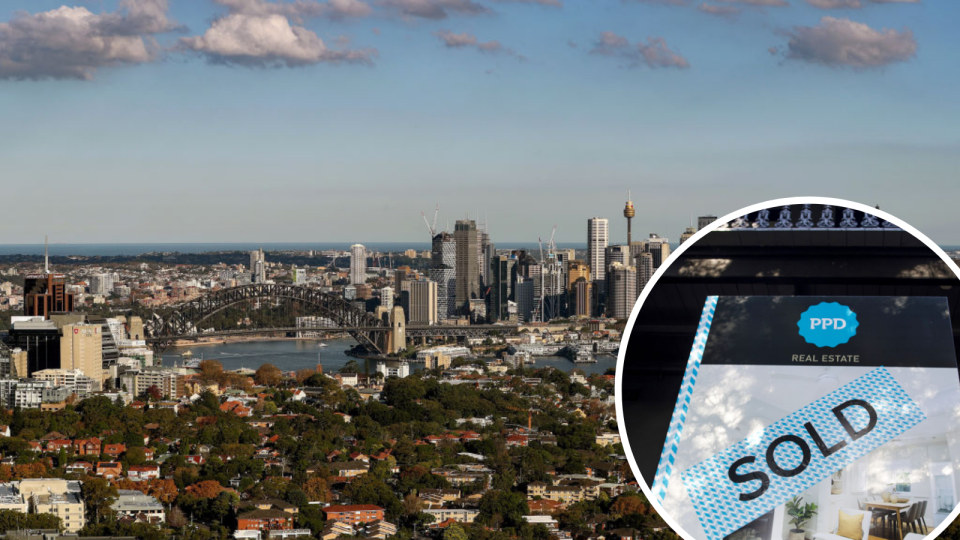 Image of Sydney skyline, SOLD real estate sign