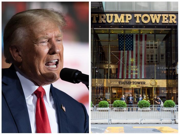 This side-by-side photo shows Donald Trump speaking at the Minden Tahoe Airport in Minden, Nevada, on October 8, 2022, left, and the exterior of Trump Tower, home of the Trump Organization headquarters, in July of 2021, right.