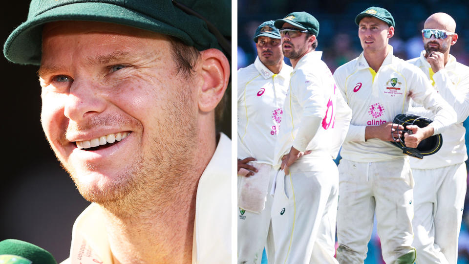 Steve Smith is pictured on the left, and a shot of Australian cricket teammates Usman Khawaja, Travis Head, Marnus Labuschagne and Nathan Lyon is seen right.