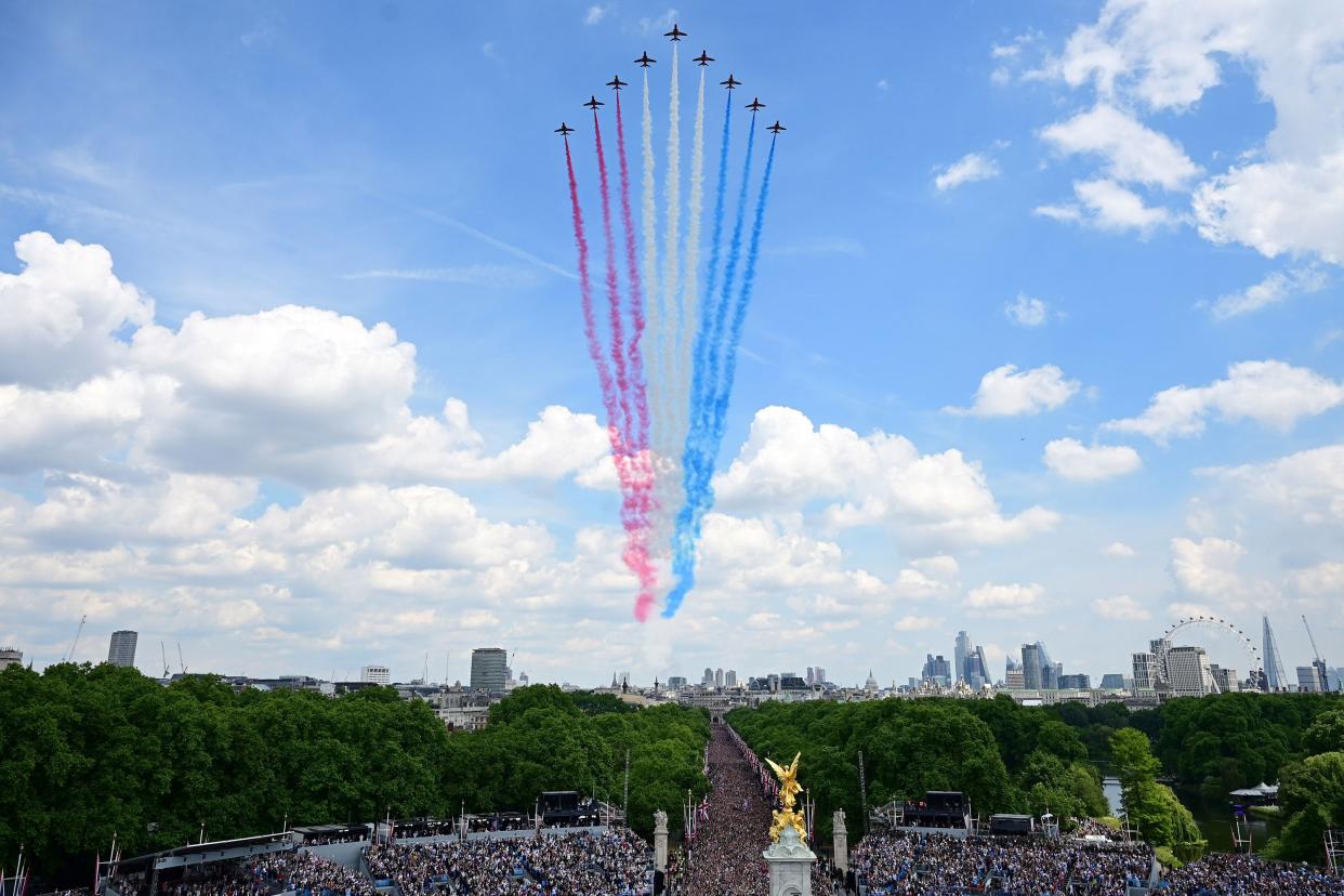 The Royal Air Force Aerobatic Team, the Red Arrows, fly in formation during a special flypast over the Buckingham Palace balcony following Trooping The Colour on June 2, 2022, in London, England.