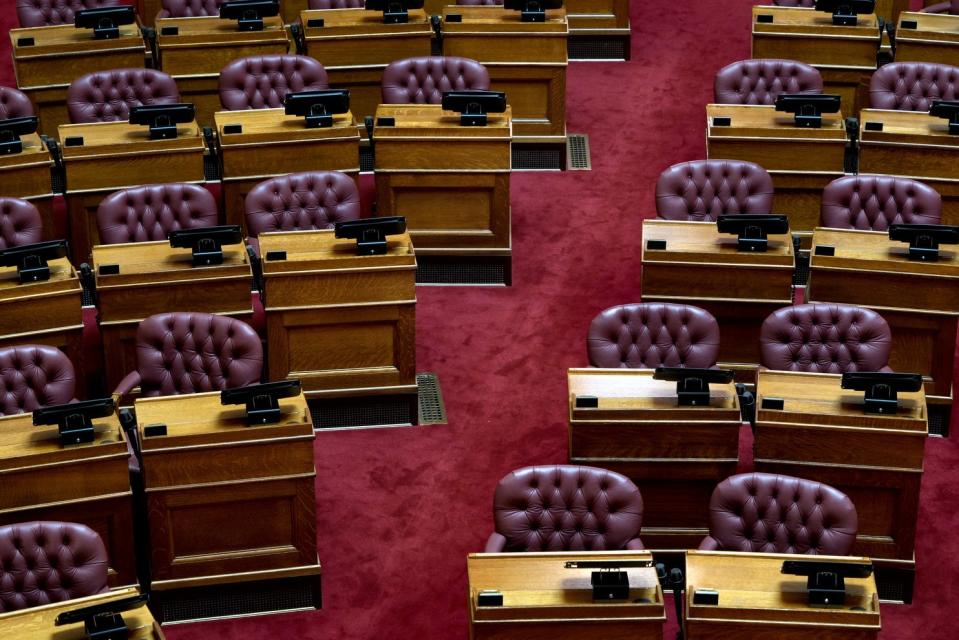 Rows of seats in the Rhode Island House chamber.