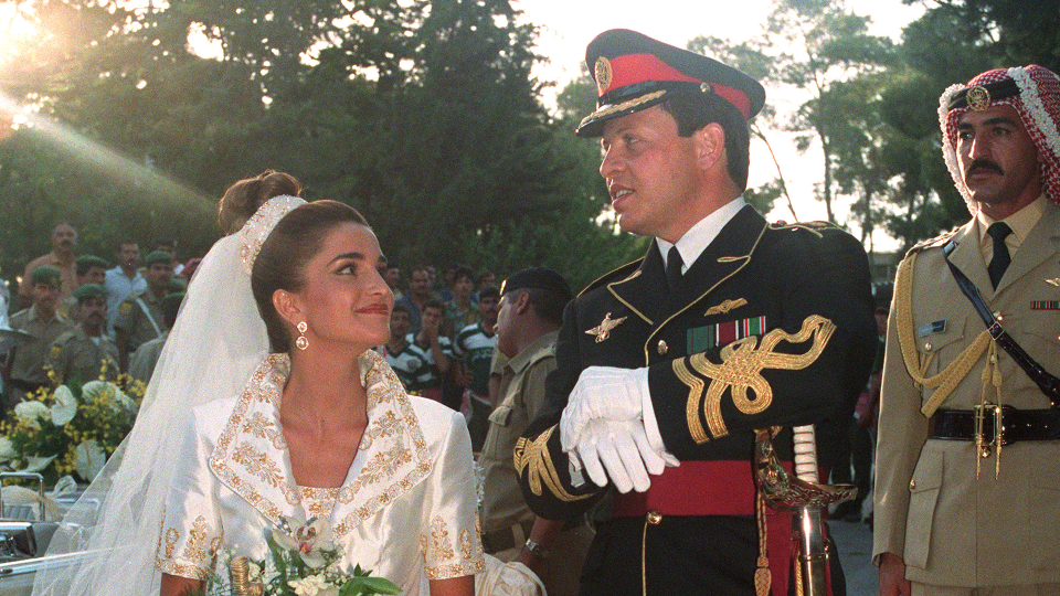 <p> Prince Abdullah of Jordan described it as 'love at first sight' when he met Rania Al-Yassin - who had just moved to the country with her Palestinian medical family from Kuwait - at a dinner party in 1992. The pair married less than a year later and became King Abdullah II and Queen Rania in 1999. They have four children, Prince Hussein, Princess Iman, Princess Salma and Prince Hashem. </p>