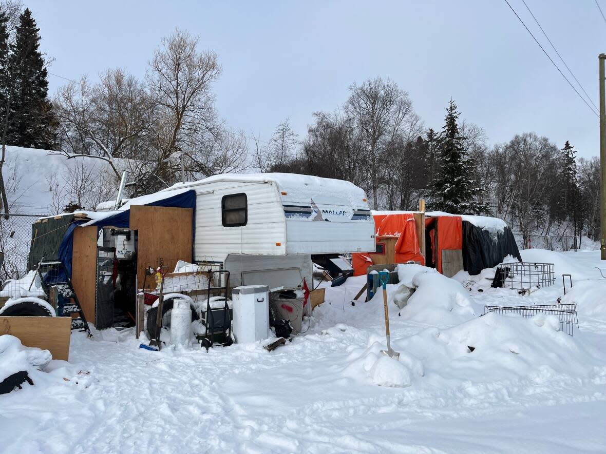 The Moccasin Flats homeless camp was established in Prince George in 2021. In March 2023, the city adopted a centralized encampment approach that will establish Moccasin Flats as the only place in the community where overnight sheltering is allowed. (Andrew Kurjata/CBC - image credit)