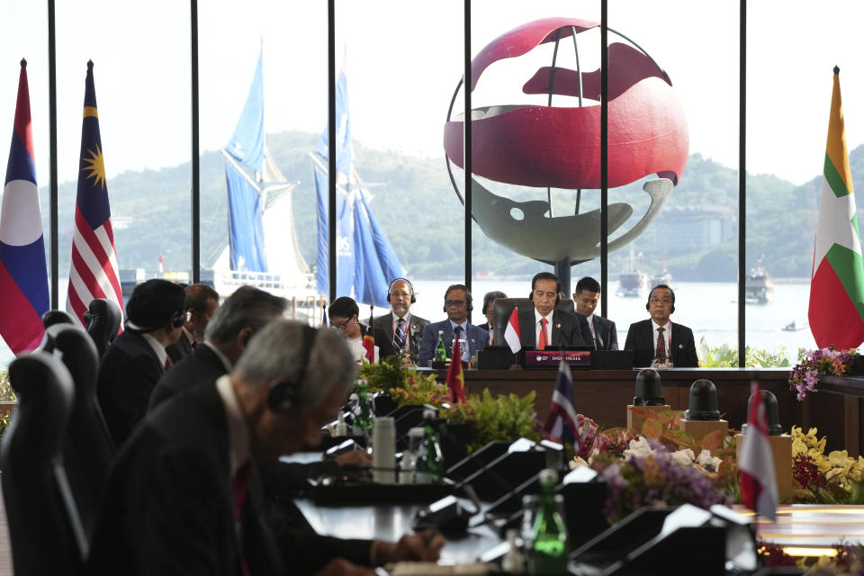 Indonesia President Joko Widodo, third right, delivers his speech during the 42nd ASEAN Summit in Labuan Bajo, East Nusa Tenggara province, Indonesia, Wednesday, May 10, 2023. (AP Photo/Achmad Ibrahim, Pool)