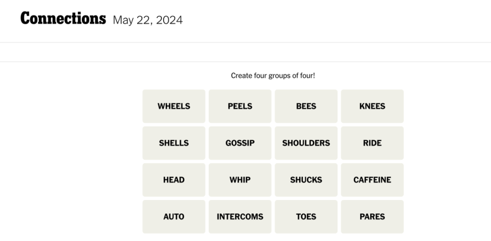 <em>Today's NYT Connections puzzle for Wednesday, May 22,</em><em> 2024</em><p>New York Times</p>