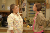 In this image released by ABC, Roseanne Barr, left, and Laurie Metcalf appear in a scene from the comedy series "Roseanne." The comedy about the blue-collar Conner family and its brassy matriarch returned in March as a success for ABC and Roseanne Barr. The magic evaporated in May after Barr’s racist slam of Obama adviser Valerie Jarrett. ABC called her tweet “abhorrent” and canceled the series. (Adam Rose/ABC via AP)