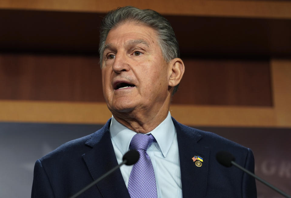FILE - Sen. Joe Manchin, D-W.Va., speaks during a news conference on Sept. 20, 2022, at the Capitol in Washington. With just under a month left to submit challenges to the federal government disputing its newly released draft map displaying where internet services are available across West Virginia, state leaders say they have already found inconsistencies and are urging residents to review the maps and submit their own claims. (AP Photo/Mariam Zuhaib, File)