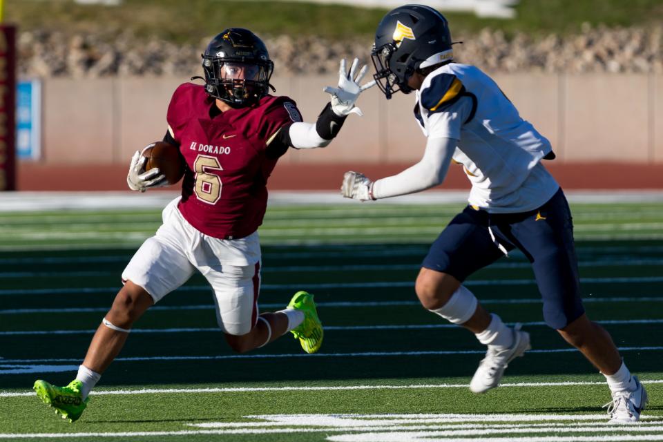 El Dorado’s Adrian Olivas (6) at a high school football game against Eastwood on Friday, Sept. 22, 2023, at the SISD Student Activities Complex in El Paso.