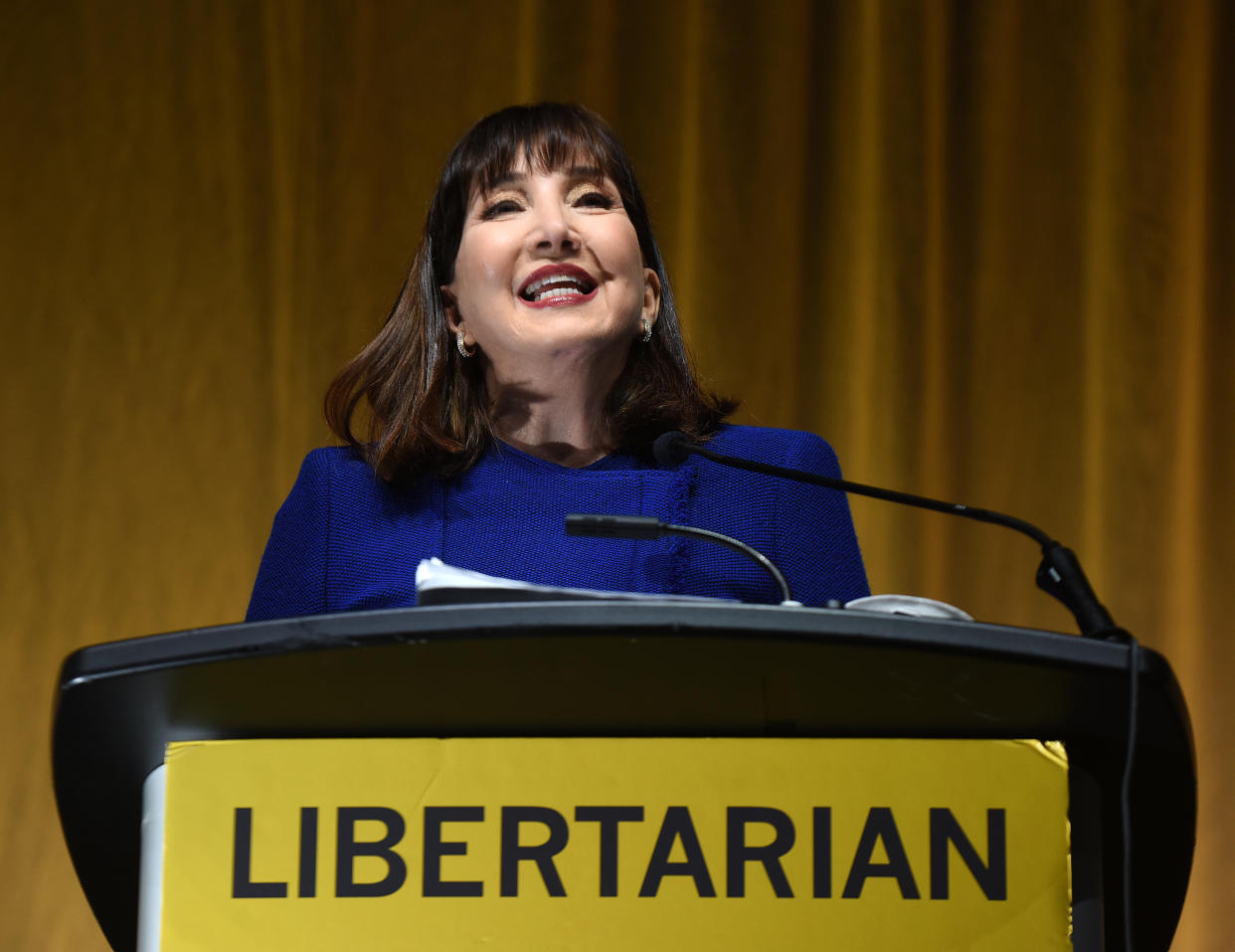 ORLANDO, UNITED STATES - 2020/07/10: Jo Jorgensen, the 2020 presidential nominee of the Libertarian Party, gives her acceptance speech at the 2020 Libertarian National Convention at the Orange County Convention Center. Jorgensen is the first woman to receive the Libertarian presidential nomination. (Photo by Paul Hennessy/SOPA Images/LightRocket via Getty Images)