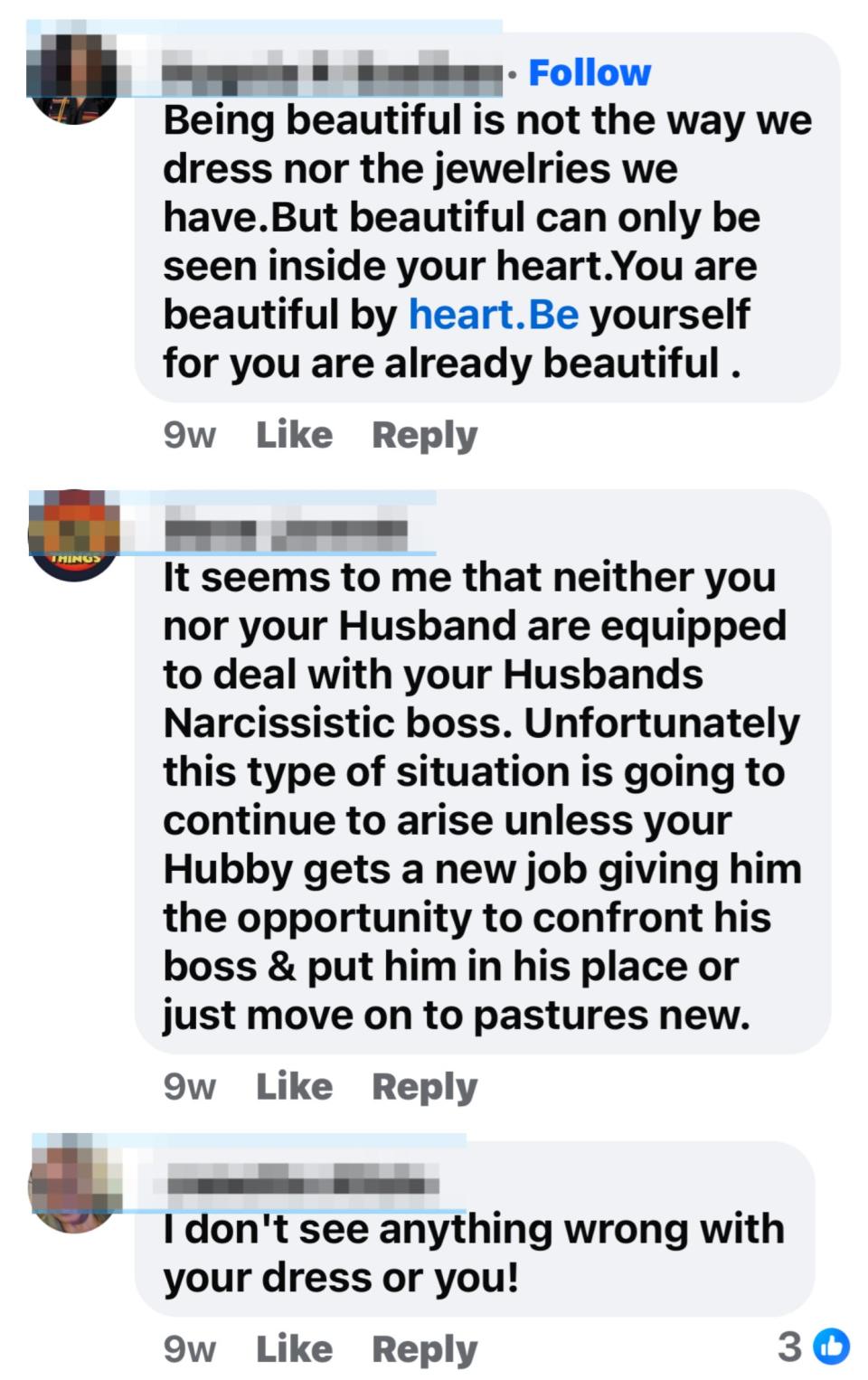 A Facebook post from "Happy Birthday Wishes Pictures" with comments from Hygeia P. Basibas about beauty, Dave Jarrett discussing narcissistic behavior, and Janette Alicia offering support