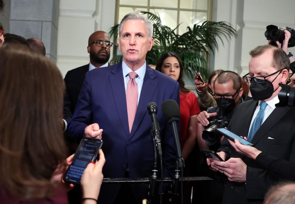 U.S. House Minority Leader Kevin McCarthy (R-CA) speaks to reporters following a meeting with House Republicans at the U.S. Capitol Building on January 03, 2023 in Washington, DC.