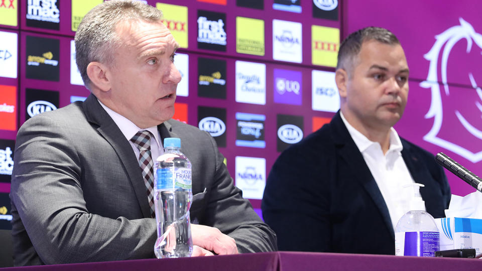 Broncos CEO Paul White and Anthony Seibold speak to the media after announcing Seibold would be stepping down as coach. (Photo by Jono Searle/Getty Images)