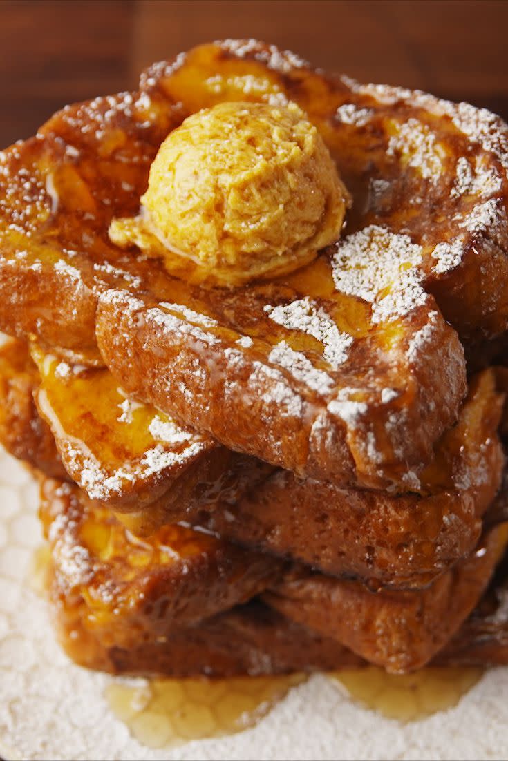 <p>Crisp autumn mornings and pumpkin French toast go hand in hand.</p><p>Get the recipe from <a href="https://www.delish.com/cooking/recipe-ideas/recipes/a55768/pumpkin-french-toast-recipe/" rel="nofollow noopener" target="_blank" data-ylk="slk:Delish" class="link rapid-noclick-resp">Delish</a>. </p>