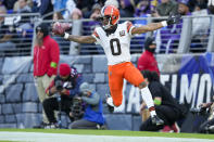Cleveland Browns cornerback Greg Newsome II celebrate after scoring on an interception against the Baltimore Ravens during the second half on an NFL football game Sunday, Nov. 12, 2023, in Baltimore. (AP Photo/Susan Walsh)