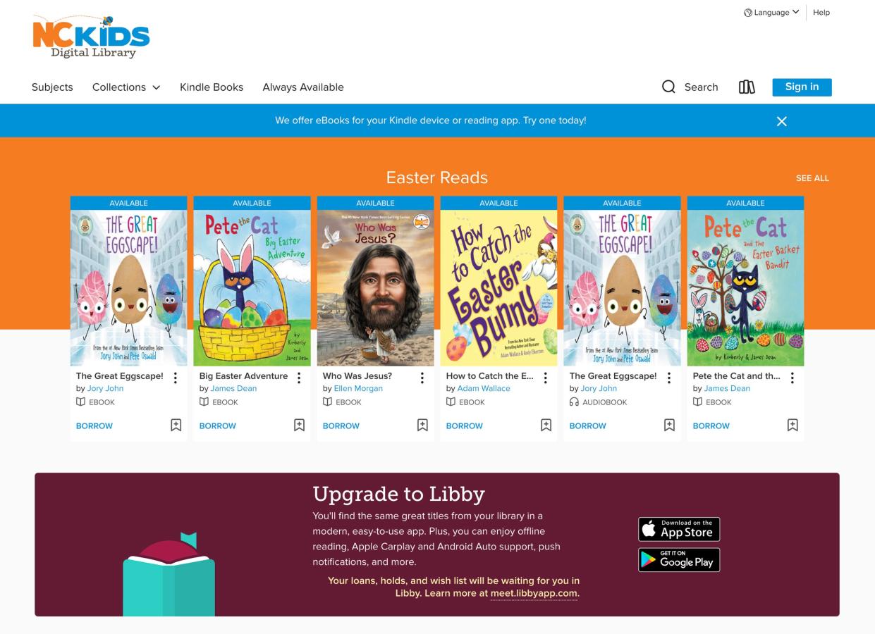 Nc Kids Digital Library website page.