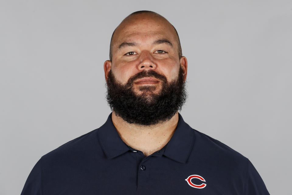 FILE - Donovan Raiola of the Chicago Bears NFL football team poses for a photo on April 16, 2021. Nebraska NCAA college football head coach Scott Frostannounced the hiring of Chicago Bears assistant Donovan Raiola as offensive line coach, Wednesday, Dec. 8, 2021. (AP Photo)