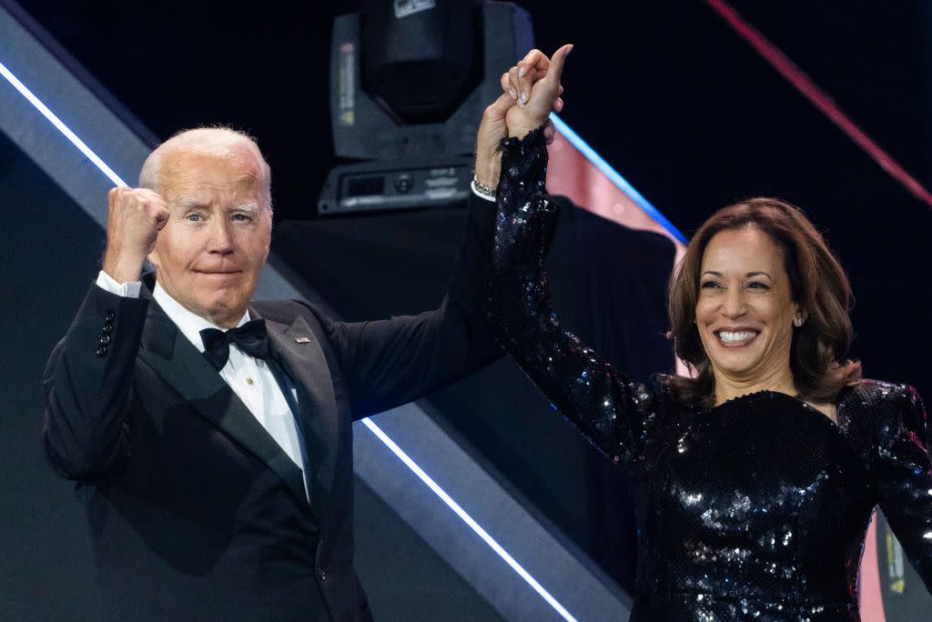 US President Joe Biden welcomes Vice President and Democratic presidential candidate Kamala Harris onstage during the 2024 Phoenix Awards dinner at the Washington Convention Center in Washington, DC, September 14, 2024. Photo by Roberto Schmidt AFP Photo by Roberto Schmidt AFP via Getty Images