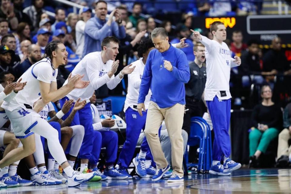 Kentucky head coach John Calipari reacts during the team’s NCAA Tournament first-round game against Providence at Greensboro Coliseum in Greensboro, N.C., on Friday.