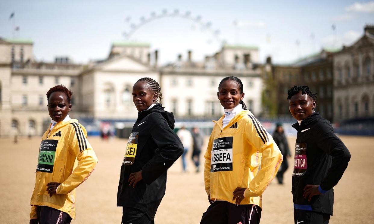 <span>Peres Jepchirchir, Brigid Kosgei, Tigst Assefa and Ruth Chepng’etich promote the race at the Horse Guards Parade.</span><span>Photograph: Henry Nicholls/AFP/Getty Images</span>
