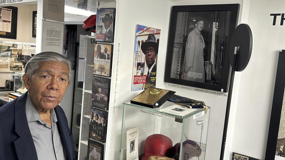 South Carolina civil rights photographer Cecil Williams shows a photo he took of Thurgood Marshall when he was a teen at his museum, the only civil rights museum in the state, on Tuesday, Dec. 12, 2023, in Orangeburg, South Carolina. (AP Photo/Jeffrey Collins)