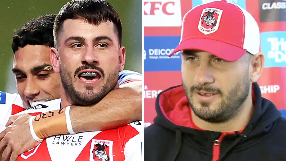 Jack Bird is pictured celebrating a try on the left, and speaking to the media on the right.