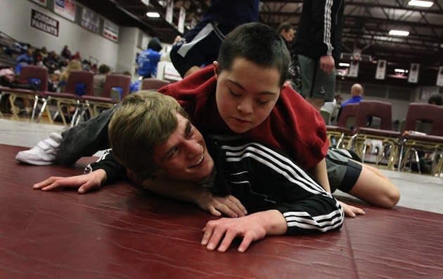 Jordan wrestler Alex Maughan spars with a teammate — Deseret News