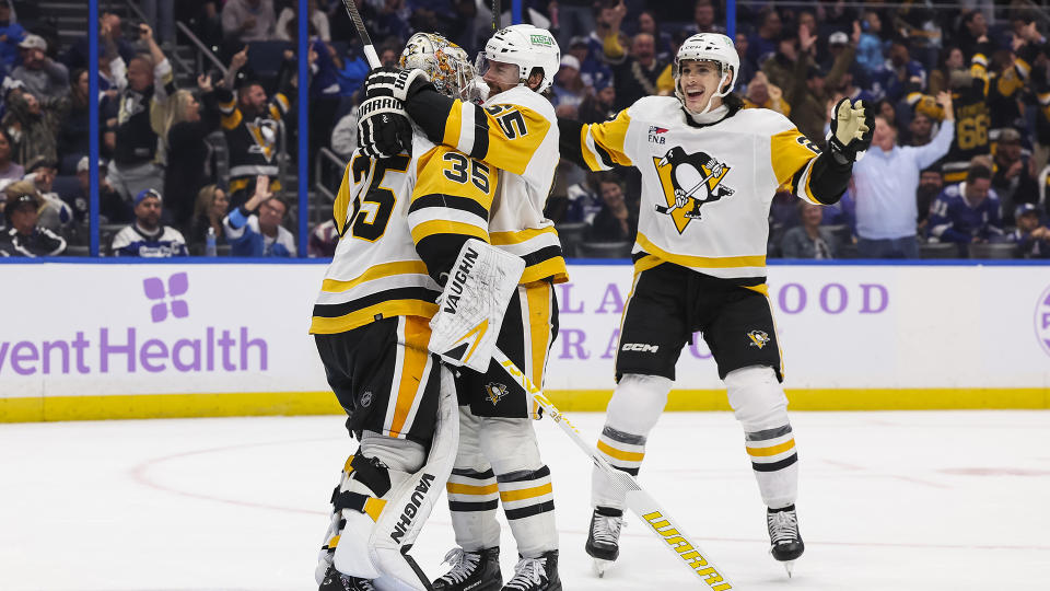 Tristan Jarry scored the first goalie goal in Penguins history on Thursday. (Photo by Mark LoMoglio/NHLI via Getty Images)