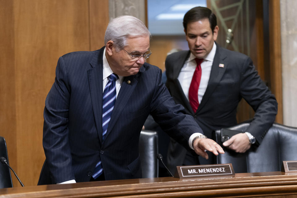 Sen. Bob Menendez, D-N.J., left, and Sen. Marco Rubio, R-Fla., right, arrive to a Senate Foreign Relations Committee hearing to examine the nomination of Jacob Lew, former treasury secretary under President Barack Obama, as Ambassador to the State of Israel, Wednesday, Oct. 18, 2023, in Washington. (AP Photo/Stephanie Scarbrough)