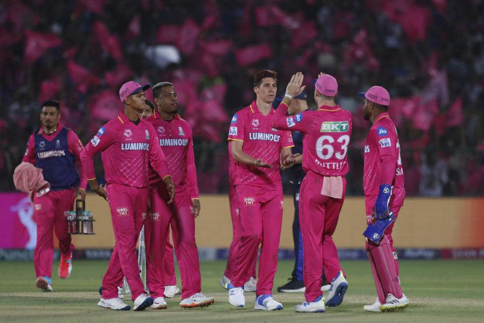 Rajasthan Royals' Nandre Burger celebrates the wicket of Royal Challengers Bengaluru's Glenn Maxwell during the Indian Premier League cricket match between Rajasthan Royals and Royal Challengers Bangaluru in Jaipur, India, Saturday, April 6, 2024. (AP Photo/Pankaj Nangia)