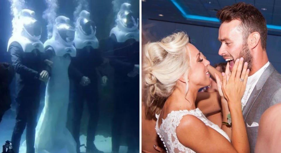 Lauren and Gary Dongray at their underwater wedding ceremony and celebration afterwards. (Supplied)