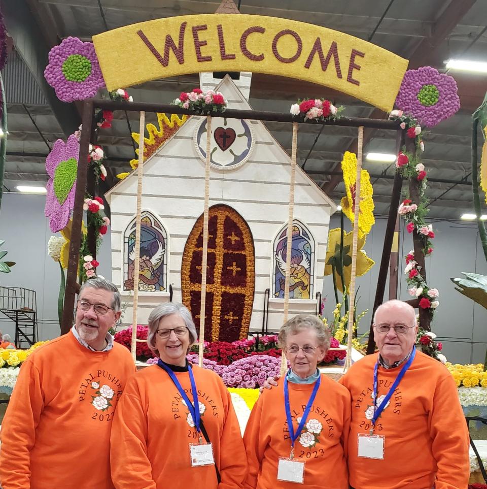 The Copenhavers (left) and the Brinsers (right), both from Annville, volunteered to decorate floats for the 2023 Rose Bowl parade in Pasadena, California