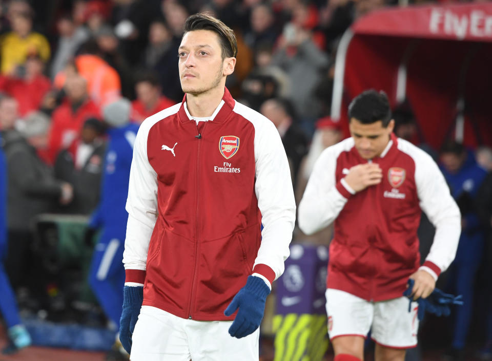 Mesut Ozil (front) and Alexis Sanchez (back) before Arsenal’s clash with Chelsea. Sanchez is leaving the club, but could Ozil be set to stay? (Getty)