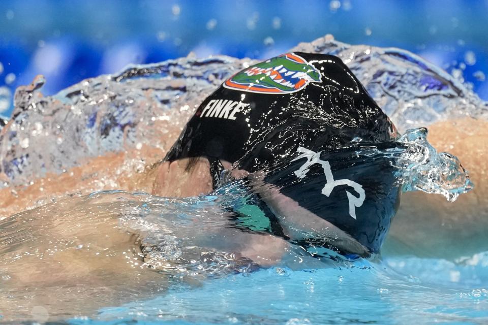 Robert Finke swims during the Men's 1500 freestyle finals Sunday, June 23, 2024, at the US Swimming Olympic Trials in Indianapolis. (AP Photo/Michael Conroy)