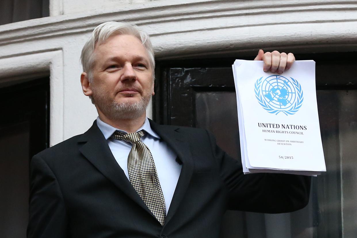 Wikileaks founder Julian Assange speaks from the balcony of the Ecuadorian embassy where he continues to seek asylum following an extradition request from Sweden in 2012, on February 5, 2016 in London, England. The United Nations Working Group on Arbitrary Detention has insisted that Mr Assange's detention should be brought to an end.