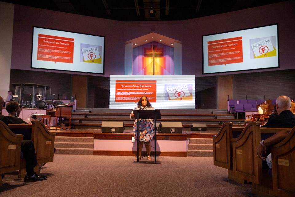 State Senator Raumesh Akbari gives information on the history of Tennessee gun laws during a town hall on public safety she hosted at Riverside Missionary Baptist Church in Memphis, Tenn., on Tuesday, August 1, 2023.