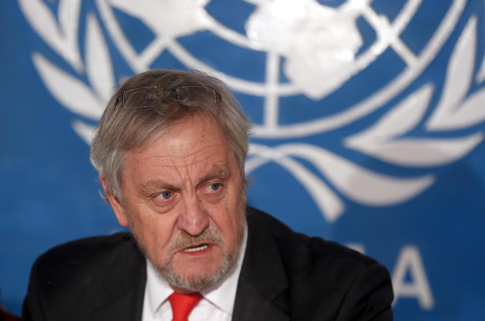 FILE - In this Wednesday, Feb. 18, 2015, file photo, Nicholas Haysom, then the top UN envoy in Afghanistan, speaks during a press conference in Kabul. Somalia's government on Tuesday, Jan. 1, 2019 ordered Nicholas Haysom, the United Nations envoy to Somalia, to leave amid questions over the arrest of the al-Shabab extremist group's former deputy leader Mukhtar Robow who had run for a regional presidency. (AP Photo/Massoud Hossaini, File)