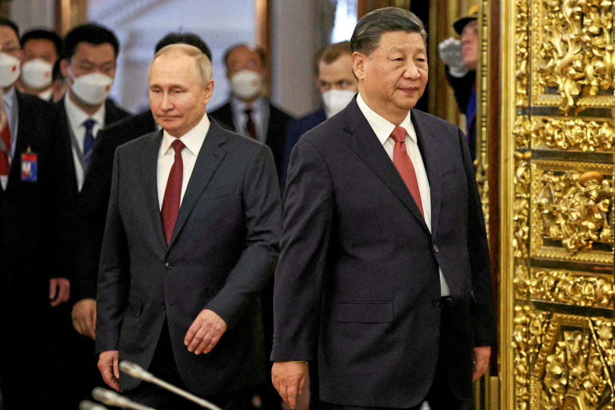 Xi Jinping et Vladimir Poutine, à Moscou, le 21 mars 2023.  - Credit:Tass / Mikhail Tereshchenko/Tass/ABACA