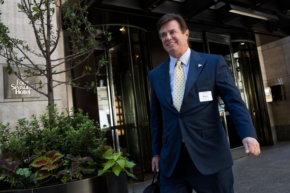 Paul Manafort, Donald Trump's former campaign chairman and chief strategist, leaves the Four Seasons Hotel after a meeting with Trump and Republican donors: Drew Angerer/Getty Images