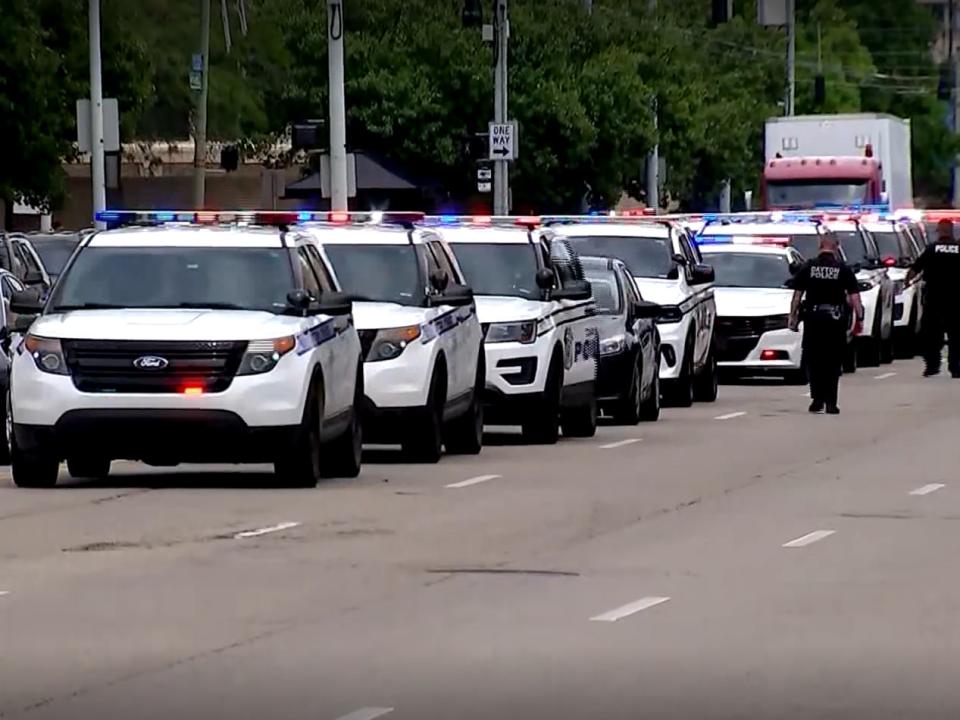 Multiple law enforcement agencies gathered at the Montgomery County Coroner's Office to escort fallen Clark County Sheriff's Deputy Matthew Yates back to Springfield Monday afternoon.