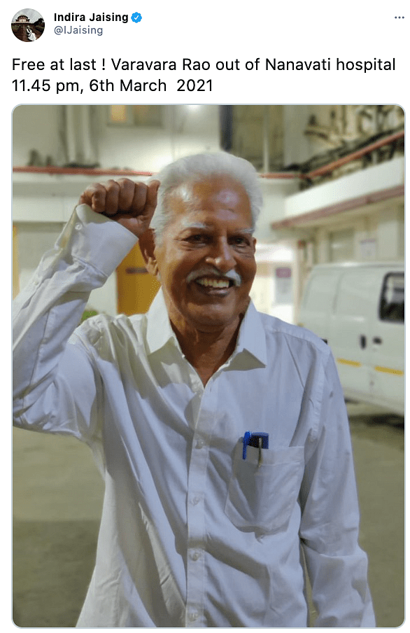 Poet-activist Varavara Rao has been released on medical bail.