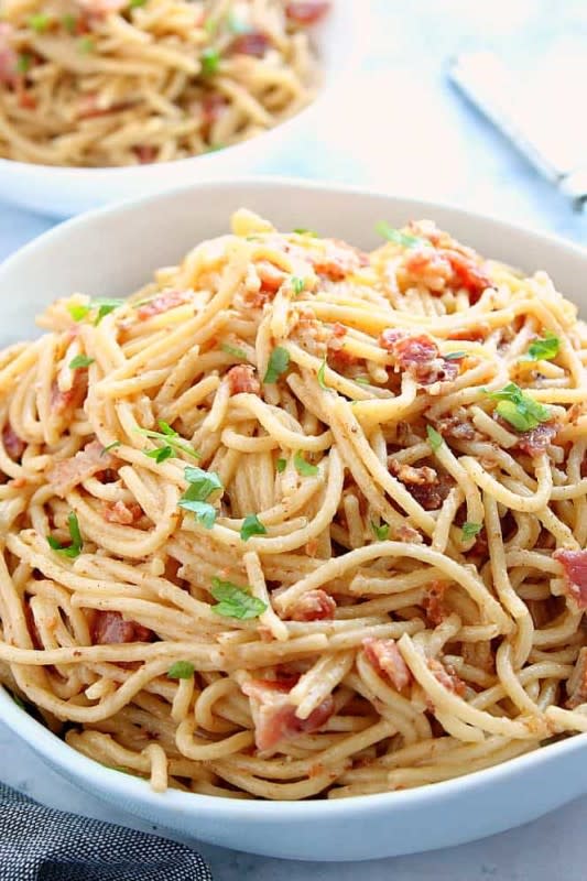 <p>Crunchy Creamy Sweet</p><p>Instant Pot pasta carbonara is the easiest pasta dish you can make in your pressure cooker! Spaghetti noodles tossed with bacon, grease, egg and Parmesan mixture to make the sauce, make this pasta dish a huge favorite!</p><p><strong>Get the recipe: <a href="https://www.crunchycreamysweet.com/instant-pot-pasta-carbonara/" rel="nofollow noopener" target="_blank" data-ylk="slk:Instant Pot Pasta Carbonara;elm:context_link;itc:0;sec:content-canvas" class="link rapid-noclick-resp">Instant Pot Pasta Carbonara</a></strong></p>