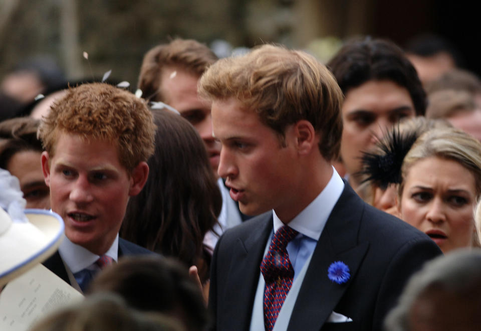 HENLEY-ON-THAMES, ENGLAND - SEPTEMBER 10: Prince William (R) and Prince Harry leave the wedding of Camilla, Duchess of Cornwall's son, Tom Parker-Bowles, to Sara Buys on September 10, 2005 in Henley-on-Thames, England. (Photo by Anwar Hussein/Getty Images)