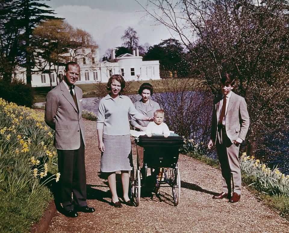 <p>Alongside Prince Philip, Queen Elizabeth, Prince Charles, and Prince Edward at Windsor on the Queen's 39th birthday.</p>