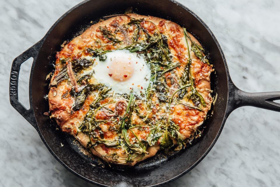 White Skillet Pizza with Spring Greens and an Egg