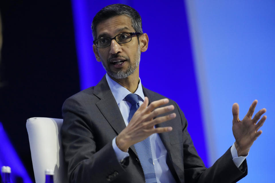 Sundar Pichai, CEO of Google and Alphabet, takes part in a discussion entitled "Innovation That Empowers" during the Asia-Pacific Economic Cooperation (APEC) CEO Summit Thursday, Nov. 16, 2023, in San Francisco. (AP Photo/Eric Risberg)