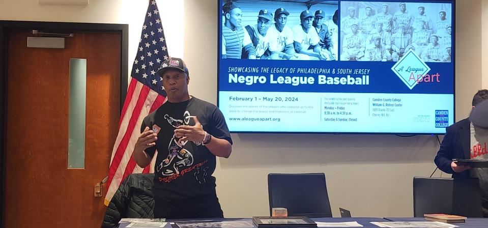 Former Phillie player and coach Milt Thompson speaks during a panel about the Negro Leagues