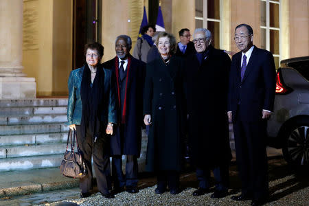 L-R, Director General of the World Health Organisation, Dr. Gro Harlem Brundtland, Kofi Annan, former United Nations Secretary-General, Chair of the Elders, former Irish President Mary Robinson, Lakhdar Brahimi, a former UN-Arab League Envoy to Syria, and former UN Secretary-General Ban Ki-moon leave after a meeting at the Elysee Palace in Paris, France, December 11, 2017. REUTERS/Gonzalo Fuentes