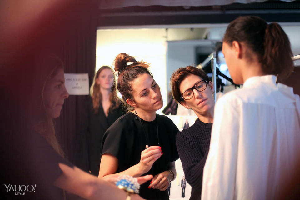 Kym Ellery with her stylist, Ludivine Poiblanc, before her big Spring/Summer 2016 show. 